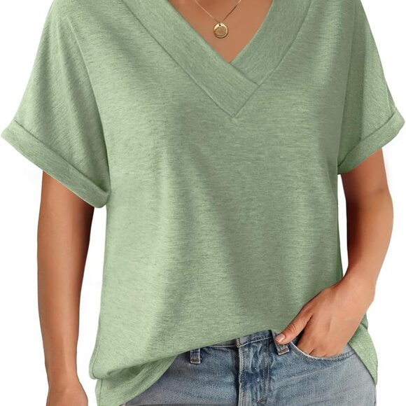 Womens Short Sleeve T Shirts V Neck Loose Fit Shirts Summer Casual Basic Tee Top - Picture 1 of 7